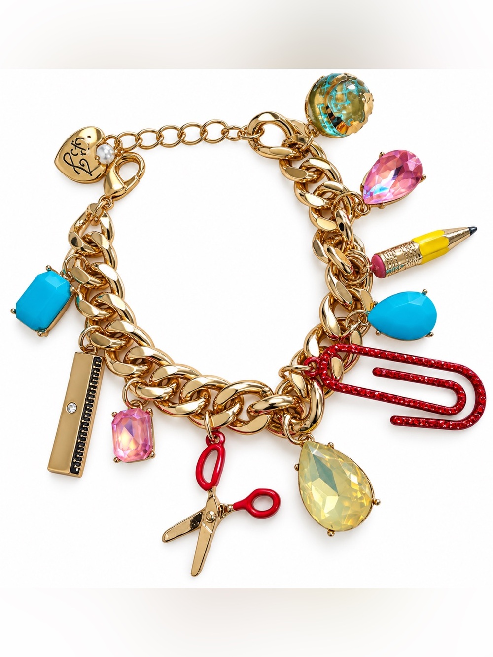 NWT Betsey Johnson Gold Charm Bracelet with Multicolor Gems